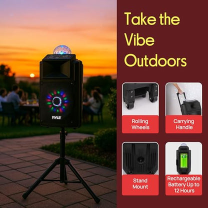 Wireless Portable PA Speaker System - 700 W Battery Powered Rechargeable Sound Speaker and Microphone Set with Bluetooth MP3 USB Micro SD FM Radio AUX 1/4" DJ Lights - for PA/Party - Pyle PSUFM1280B