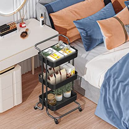 Sooyee 3 Tier Metal Utility Cart with Handle and Lockable Wheels, Black - color: Black, size: Wide 3 Tier 2
