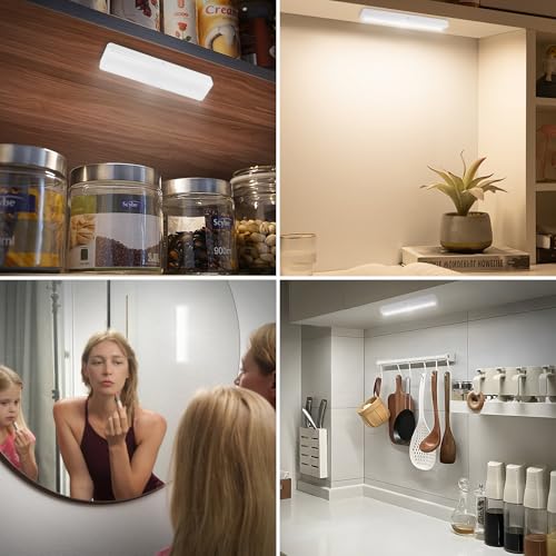 BIGMONAT Under Cabinet Lighting Wireless, Battery Operated Lights with Remote, 3000K Warm White Dimmable Push Light,80 Lumen Stick-On LED Lighting Bar for Shelf, Kitchen, Hallway, Pantry 4Pack - color: WHITE -4PK