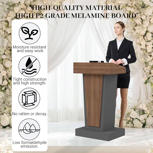 Wooden Podium Stand with Wheels, Stool and 2 Tier Storage, Wood Lecterns and Podiums with Storage, Premium Pulpits for Classrooms, Churches, and Conferences, 16MM Scratch-Resistant Finish - color: Brown/Grey