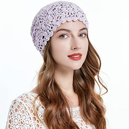 ZLYC Women Cotton Crochet Slouchy Beanie Hat Handmade Knit Summer Skull Cap | Lightweight breathable,boho casual chic look,travel photos festival party,café commute daily wear,beach concert gathering - color: Solid Purple