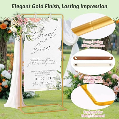 Meiqi Gold Adjustable Wedding Welcome Sign Stand with 4 Leather Hanging Straps, Ground Stakes & Weight Bag - Large Easel for Wedding Signs, Posters, Banners - Perfect for Outdoor Events, Baby Showers - color: Gold