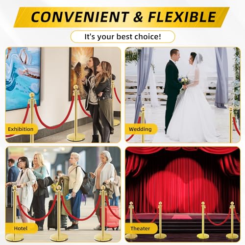 Gold Stainless Steel Stanchions Rope - Crowd Control Barriers with Red Carpet Safety Barrier, Velvet Ropes and Posts & Retractable Belts for Party Theater Weddings, Museums - 8 Pcs - color: Gold, size: 8Pcs