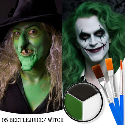 Black White Green Face & Body Paint - Blendable Facepaint Foundation with Sponge & Brush for Skin, Professional Halloween Face Make-up Kit for Grinch Shrek Alien Frankenstein Wicked Witch Costume - color: 05 Beetlejuice/Witch