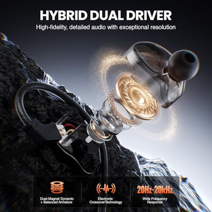 Phenyx Pro Hybrid Dual Driver in-Ear Monitor Earphones PME-20 | Noise-Isolating Stereo IEM, Detachable 2-Pin Cable, Tangle-Free Design, Singers, Musicians, Gaming