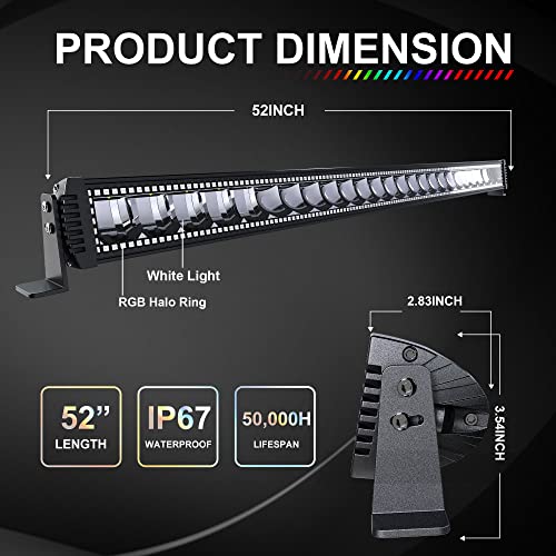 Lpteso RGBW LED Light Bar 52'' inch 300W Flood Spot Combo Beam 2PCS 4 Inch 18W Flood RGB LED Pods with 16 Solid Colors Chasing RGB Halo Ring Changing with Strobe Flashing with Rocker Switch Wiring - size: 52Inch RGB Straight LED Light Bar