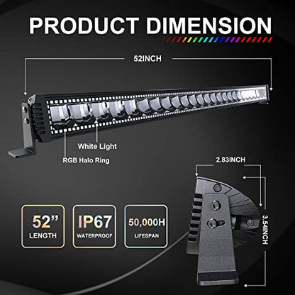 Lpteso RGBW LED Light Bar 52'' inch 300W Flood Spot Combo Beam 2PCS 4 Inch 18W Flood RGB LED Pods with 16 Solid Colors Chasing RGB Halo Ring Changing with Strobe Flashing with Rocker Switch Wiring - size: 52Inch RGB Straight LED Light Bar