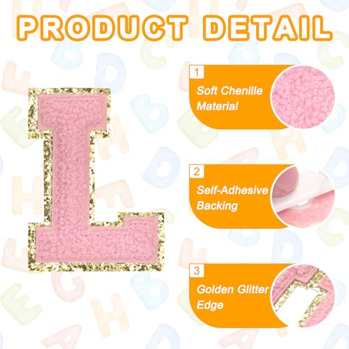 MECCANIXITY Chenille Letter Patches 2.2" Self Adhesive Alphabet L Stick on Embroidered Patch Sew on Letter Stickers Applique for Repairing Clothing Jeans Shoes Hats DIY(Pink, Pack of 6) - style: Letter-L
