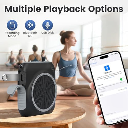 Wireless Voice Amplifier with Headset Microphone, Mini Portable | Voice Amplifier for Teachers, Classroom, Fitness, Yoga, Tour Guides, Coaches, Speech, Elderly Outdoors-Black