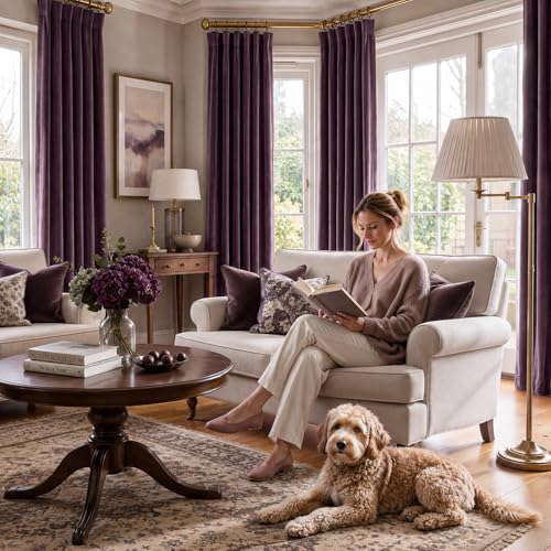 RYB HOME Purple Velvet Blackout Curtains 84 inches Long for Bedroom | Thermal Insulated, Room Darkening, UV Privacy Block, With Hook Belt, Back Tab, Living Dining Room, W52 x L84, 2 Panels - color: Eggplant Purple, size: 52"W x 84"L (Pack of 2)
