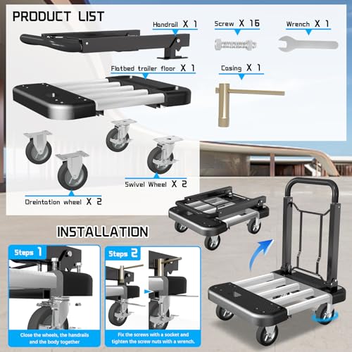 WarmyouHaul Pro Folding Hand Truck, 441LBS Capacity, Adjustable Platform (24-30") & Handle (28-35") 4" Rubber Wheels with 360° Swivel & Parking Brake, for Moving, Apartment, Warehouse, Commercial Use - color: Black