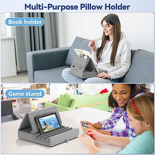 KDD Tablet Pillow Holder, Foldable iPad Stand for Lap, Bed and Desk -Tablet Soft Pad Dock with Pocket & Stylus Mount Compatible with iPad Pro 12.9, 10.5, 9.7 Air Mini 6 5 4 3, Galaxy Tab, E-Reader - color: Grey