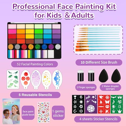 Face Painting Kit for kids, 52 Colors Professional Face Paint Makeup Kit Non-Toxic Water Activated Facepaint Palette, glitter gel, brushes, sponges, stencils for party Halloween School Event Festivals