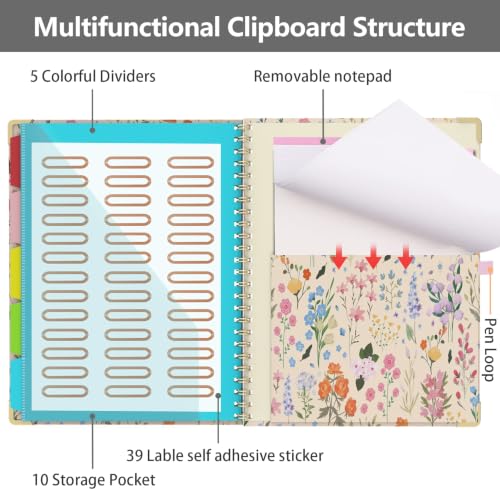 Clipboard Folio with Storage 8.5 X 11 Padfolio Notebook, Clipboards with Notepad Spiral with 10 Pockets and 5 Folders Nursing Teacher School Essentials (Yellow Florals) - color: Yellow Florals