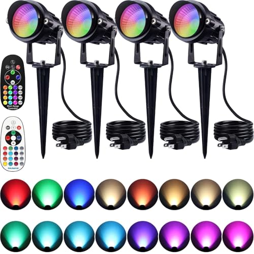 SUNVIE Spot Lights Outdoor 12W RGBW Color Changing Landscape Lights with Remote Control 120V RGB Landscape Lighting Waterproof Outdoor Spotlights for Yard Garden Patio Lawn Decorative, 4 Pack - size: 4 Pack