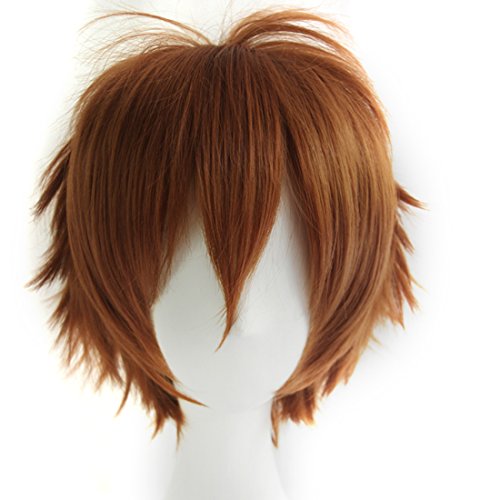 LABEAUTÉ Short Fresh Brown Anime Cosplay Wig Male Men Anime Layered Unisex Heat Resistant Hair Wig with Bangs for Party and Halloween for Gift + Free Cap - color: Fresh Brown