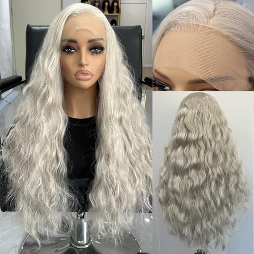 RONGDUOYI Ash Blonde Synthetic Lace Front Wigs for Women 13x4 Long Deep Curly Wave Light Grey Wig Middle Part Natural Hairline Daily Wear Cosplay 24Inch - color: Ash Blonde 4503