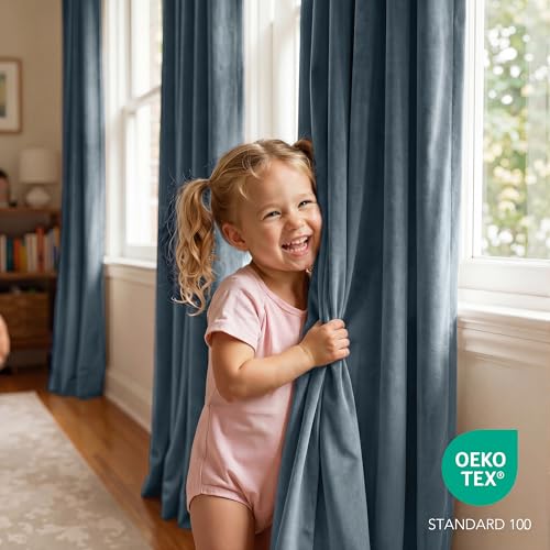 RYB HOME Dusty Blue Velvet Blackout Curtains 84 inches Long for Bedroom | Thermal Insulated, Room Darkening, Light UV Privacy Block, With Hook Belt, Back Tab, Living Dining Room, W52 x L84, 2 Panels - color: Dusty Blue, size: 52"W x 84"L (Pack of 2)