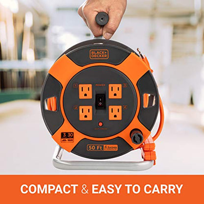 BLACK+DECKER 50 Ft. Retractable Extension Cord Reel, 4 Outlets | 14 AWG SJTW cable, easy handle rewind, multi-plug design, heavy-duty build - size: 50-Feet