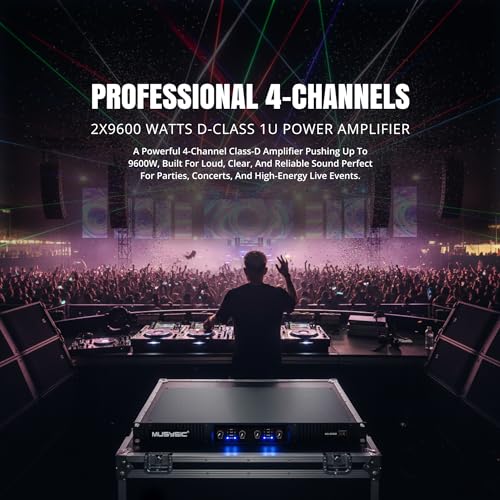 MUSYSIC Professional 4-Channel Amplifier – 2x9600 Watts D-Class 1U Power Amp MU-D9600 High Performance Amplifier with Stereo & Bridge Power for Professional Use in Concerts & Functions and at Home | 1U Power Amp High Performance Amplifier with Stereo & Br