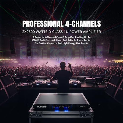 MUSYSIC Professional 4-Channel Amplifier – 2x9600 Watts D-Class 1U Power Amp MU-D9600 High Performance Amplifier with Stereo & Bridge Power for Professional Use in Concerts & Functions and at Home | 1U Power Amp High Performance Amplifier with Stereo & Br