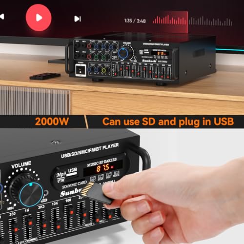 2000W Stereo Audio Amplifier for Home Theater, Car Audio, Karaoke, Party, Outdoor Camping with Multiple Input Modes EQ Mixer, Mic Input, Remote Control, 2.0 Channel