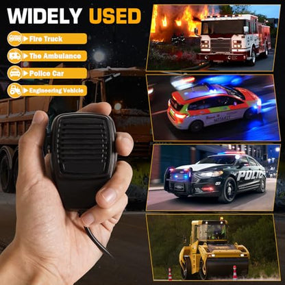 12V 100W Emergency Siren PA System Kit - 108-134dB Slim Speaker, 6 Sound Modes (Yelp/Wail/Hi-Lo), Vehicle Pa System with PTT Mic & Radio Input for Police Fire Tow Trucks UTV ATV