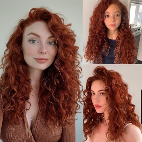 RONGDUOYI Ginger Long Curly Lace Wig Glueless Synthetic Lace Front Wigs For Women Heat Resistant Cosplay Orange 24Inch Long Deep Curl Wig Princess Merida Cosplay - color: Ginger Orange