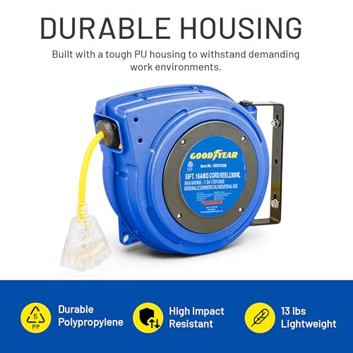 Goodyear Extension Cord Reel Retractable 16AWG x 50' Foot 3C/SJTOW Commercial Cable LED Triple Tap Connector Power 10A 125VAC 938W | 3C/SJTOW Commercial Cable LED Triple Tap Connector Power 10A 125VAC 938W