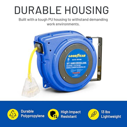 Goodyear Extension Cord Reel Retractable 16AWG x 50' Foot 3C/SJTOW Commercial Cable LED Triple Tap Connector Power 10A 125VAC 938W | 3C/SJTOW Commercial Cable LED Triple Tap Connector Power 10A 125VAC 938W