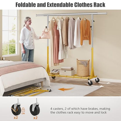 Gewudraw Clothes Rack Heavy Duty 530 LBS Capacity, Portable, Foldable, Gold | Rolling Clothing Rack With 4" Wheels,Shelf, Hooks, Adjustable, Collapsible, Garment Rack for Wardrobe,Bedroom, Laundry Room - color: Gold, style: Single Rod