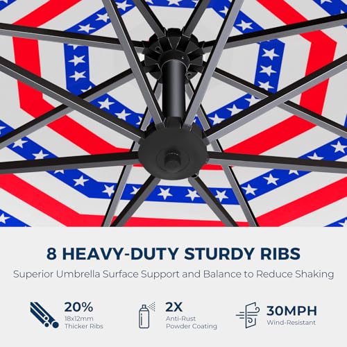 10 FT Solar LED Cantilever Patio Umbrella with Base, Stars and Stripes | Premium 220GSM Solution-Dyed Fabric, 5-Year Fade-Resistant, 30 MPH Windproof, 45° Infinite Tilt and Crank for Outdoor Pool - color: Stars and Stripes Style