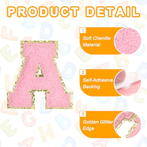 MECCANIXITY Chenille Letter Patches 2.2" Self Adhesive Letter A Stick on Embroidered Patch Sew on Letter Stickers Applique for Repairing Clothing Jeans Shoes Hats DIY(Pink, Pack of 6) - style: Letter-A