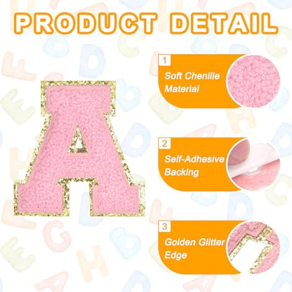 MECCANIXITY Chenille Letter Patches 2.2" Self Adhesive Letter A Stick on Embroidered Patch Sew on Letter Stickers Applique for Repairing Clothing Jeans Shoes Hats DIY(Pink, Pack of 6) - style: Letter-A