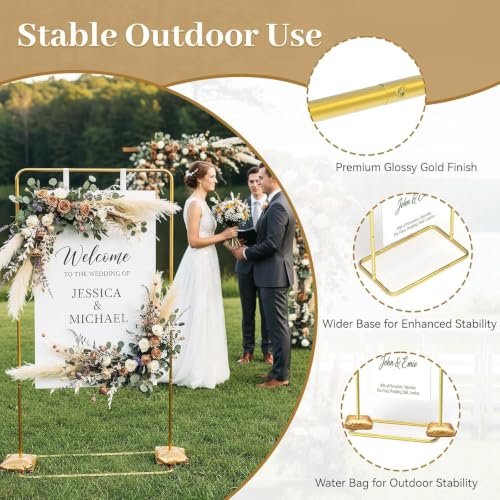 Wedding Welcome Sign Stand, Adjustable 50/68 Inch Metal Sign Holder, Gold | Overall size 68 x 31 x 20 in; ideal for seating charts, bridal showers, baby showers, graduations and ceremony entrances.