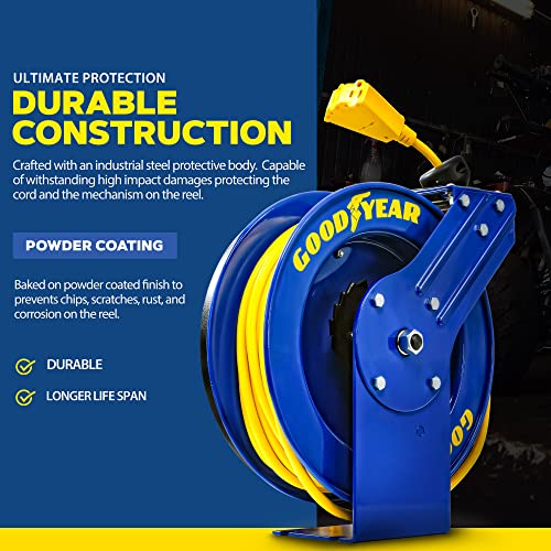 Goodyear Extension Cord Reel Retractable 14AWG x 100' Feet | 3C SJTOW Cable Triple Tap Connector Power Rating 125 Volt AC 13 Amp 1625 Watt Industrial Steel Single Arm