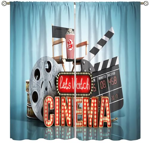 Movie Theater Kitchen Curtains, Old Fashion Entertainment Objects Related to Cinema Film Reel Motion Picture,Window Drapes Set 2 Panels,42x45 Inches - color: Movie Theater-7, size: 21"W x 45"L (Pack of 2)