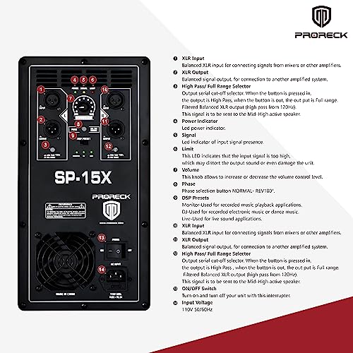 PRORECK SP-15X Active Powered PA DJ Subwoofer Cabinet 15 inch 2000W P.M.P.O with Class-D Amplifier,3 DSP Presets-Monitor, Bass Reinforcement, Black, for Wedding, Party, Concert, Church (One Subwoofer)