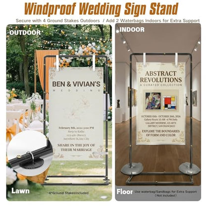 Blcak Wedding Sign Holder Adjustable Welcome to Our Wedding Sign Stand 68”x31”x 20”,Heavy Duty Easel Stand for Sign Include 6 Sign Hanging Straps &1 Storage Bag&Ground Stakes for Signs and Posters - color: black