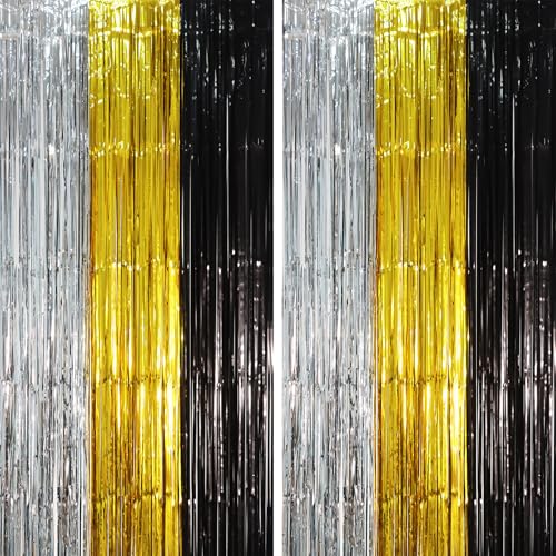 Voircoloria Black Gold Silver Fringe Backdrop Curtains,3.3x6.6ft, 2 Pack - color: Black Gold and Silver