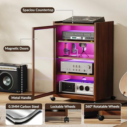 Media Cabinet with LED Lights and Glass Door, Metal Stereo Cabinet Brown - color: Brown (Wood Grain)