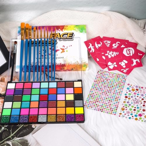 Face Painting Kit , 54 Color Professional Face Painting Kits for kids with 10 Brushes and Stencils, Kids Face Painting Kit Non Toxic Washable Face Paint Makeup Kit for Kids
