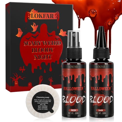 4 IN 1 Fake Blood Kit，Fake Blood 1.69oz X2 + Spray Head+Dripping Head+Cleaning Soap【Washable】【Realistic Effect】【Skin Friendly】Professional Fake Blood Makeup Kit For Halloween/Cosplay，Fresh + Dark - color: Fresh+Dark