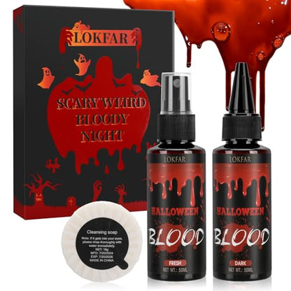 4 IN 1 Fake Blood Kit，Fake Blood 1.69oz X2 + Spray Head+Dripping Head+Cleaning Soap【Washable】【Realistic Effect】【Skin Friendly】Professional Fake Blood Makeup Kit For Halloween/Cosplay，Fresh + Dark - color: Fresh+Dark