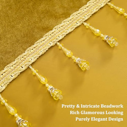 Stately Yellow Velvet Valance 138" Wide, Waterfall Swag with Intricate Beaded Trim, Luxurious Curtains for Wedding Venues, Events & Open Concept Spaces - color: Gold, size: 138"W x 43"L (Pack of 1)