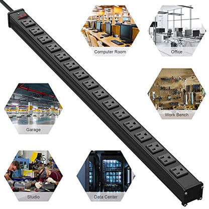 QBA 16 Outlet Metal Power Strip, Long Power Strip with 10FT Extension Cord, Wall Mount Heavy Duty Power Strip for Home Office Garage Warkshop, ETL Certified, Black