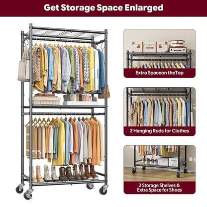 Simple Trending Clothes Rack, Clothing Rack, Portable Closet, Black | Wardrobe Closet with Mesh Shelves & Hooks, Metal Garment Rack, 360° Lockable Wheels, Multi-Functional, for Bedroom, Laundry - size: 12.1"D x 33.1"W x 78"H