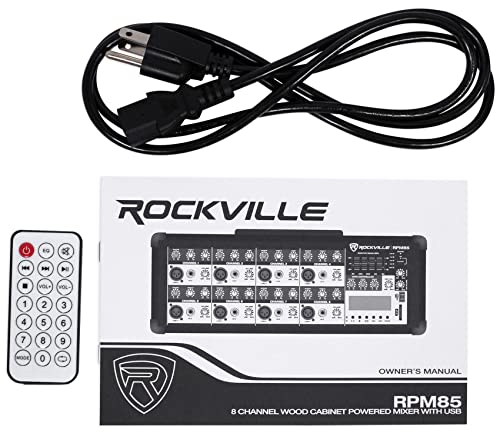 Rockville RPM85 2400W Powered 8 Channel Mixer, Bluetooth, USB/SD, 5 Band EQ, Adjustable Echo/Delay, +15V Phantom Power, for Live Music and Events