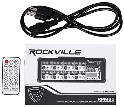 Rockville RPM85 2400W Powered 8 Channel Mixer, Bluetooth, USB/SD, 5 Band EQ, Adjustable Echo/Delay, +15V Phantom Power, for Live Music and Events
