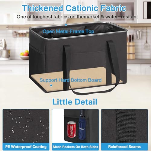 LHZK Standing Utility Tote Bag with Metal Wire Frame and the Sides Rinforced, Large Tote Bag with Handle, Reusable Grocery Bags Foldable, Beach Bag, Car Tote (Black, 18.5''x11.8''x11.5'') - color: Black, size: 18.5''x11.8''x11.5''-1 Pack